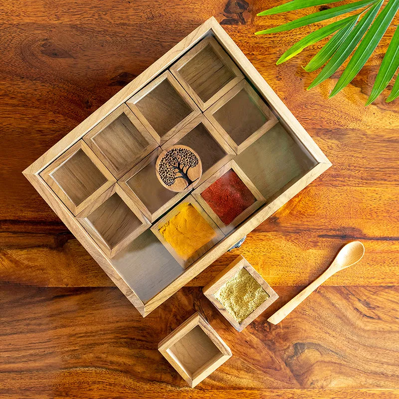 Pakshala Teak Wood Masala Box - Fourteen Piece Set media 1