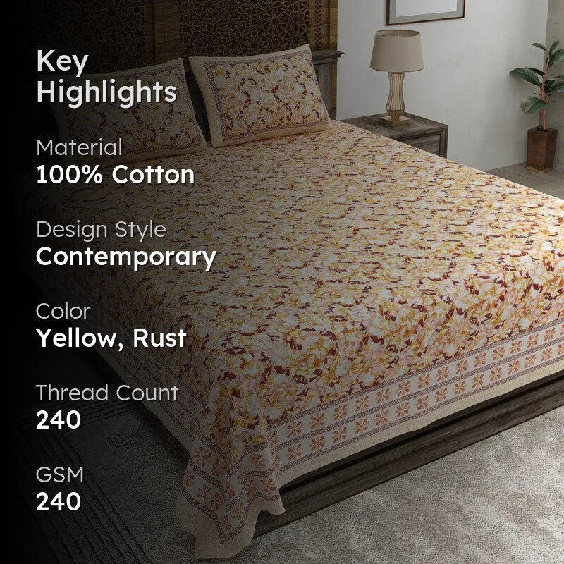 Rangix Cotton Bedsheet (Yellow,Rust) - 240 TC media 2