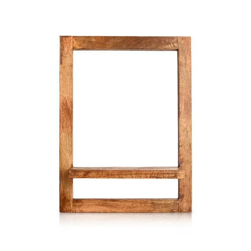 Standalone brown rectangular wooden wall shelf with an open frame and central ledge