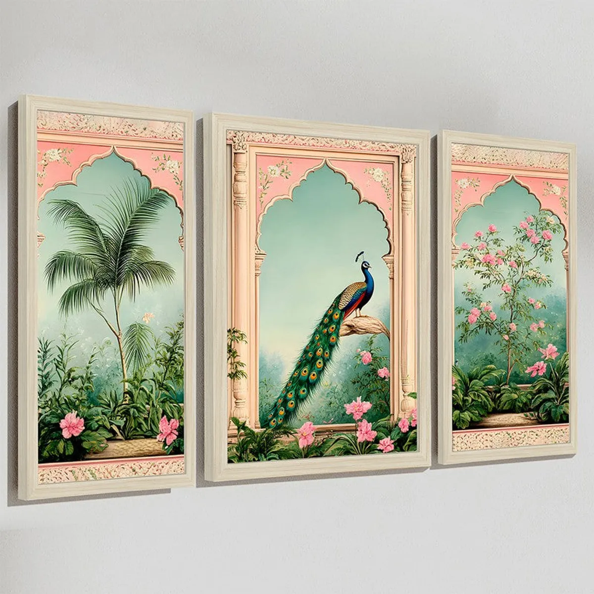 Angled view of three framed ethnic-style art panels with botanical and peacock scenes