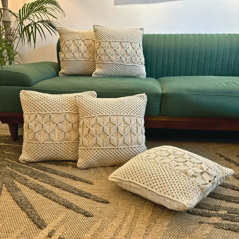 Studio String Macrame Knotwork Cotton Cushion Cover - Set Of Five media 1