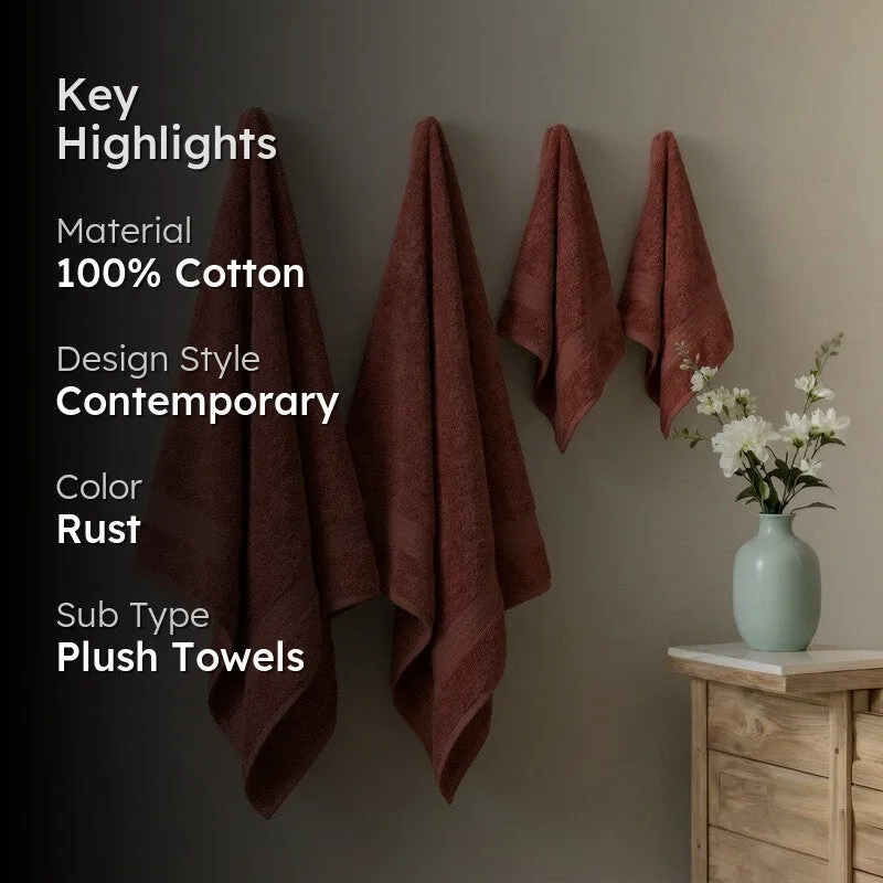 Rust towels hanging on a wall with key highlights text overlay