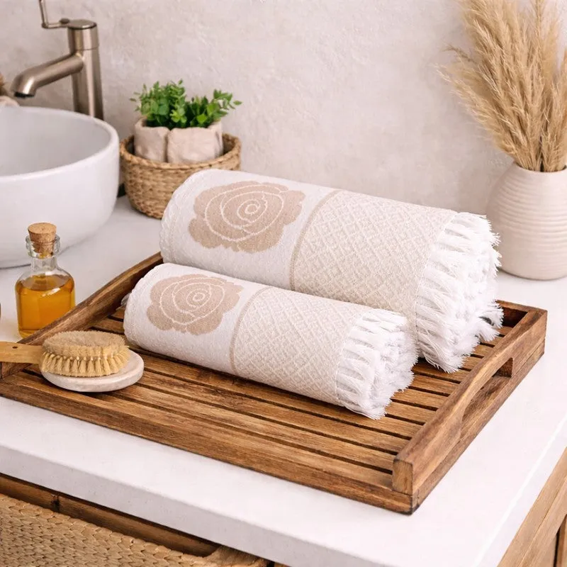 Rosette Cotton Hand & Bath Towel (Beige) - Set of Two media 1
