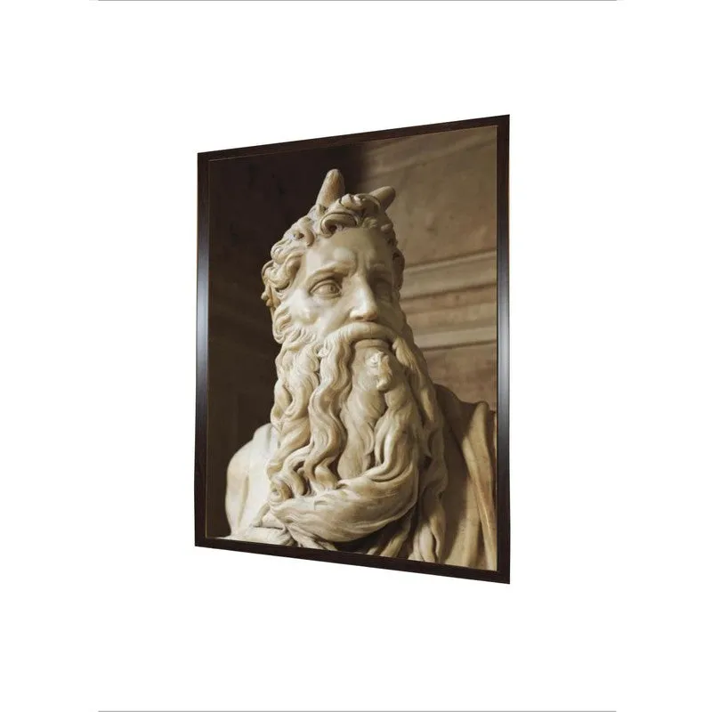 Angled view of rectangular framed canvas painting with sculpture artwork