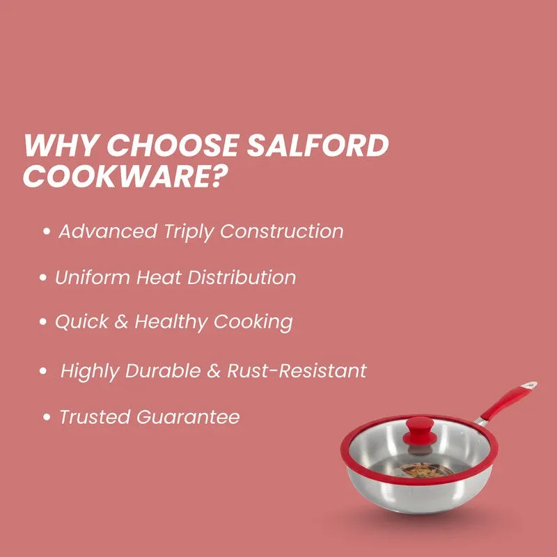 Small silver frying pan with red handle and lid displayed against a red background.