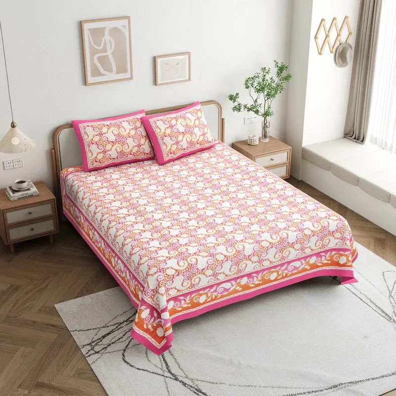 Mango Muse Cotton Bedsheet (White,Pink) - 180 GSM media 3