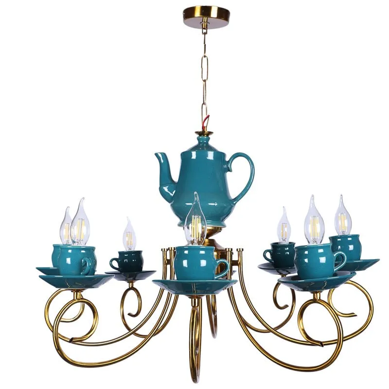 Artistic Teapot Iron Chandelier - Blue & Gold media 8
