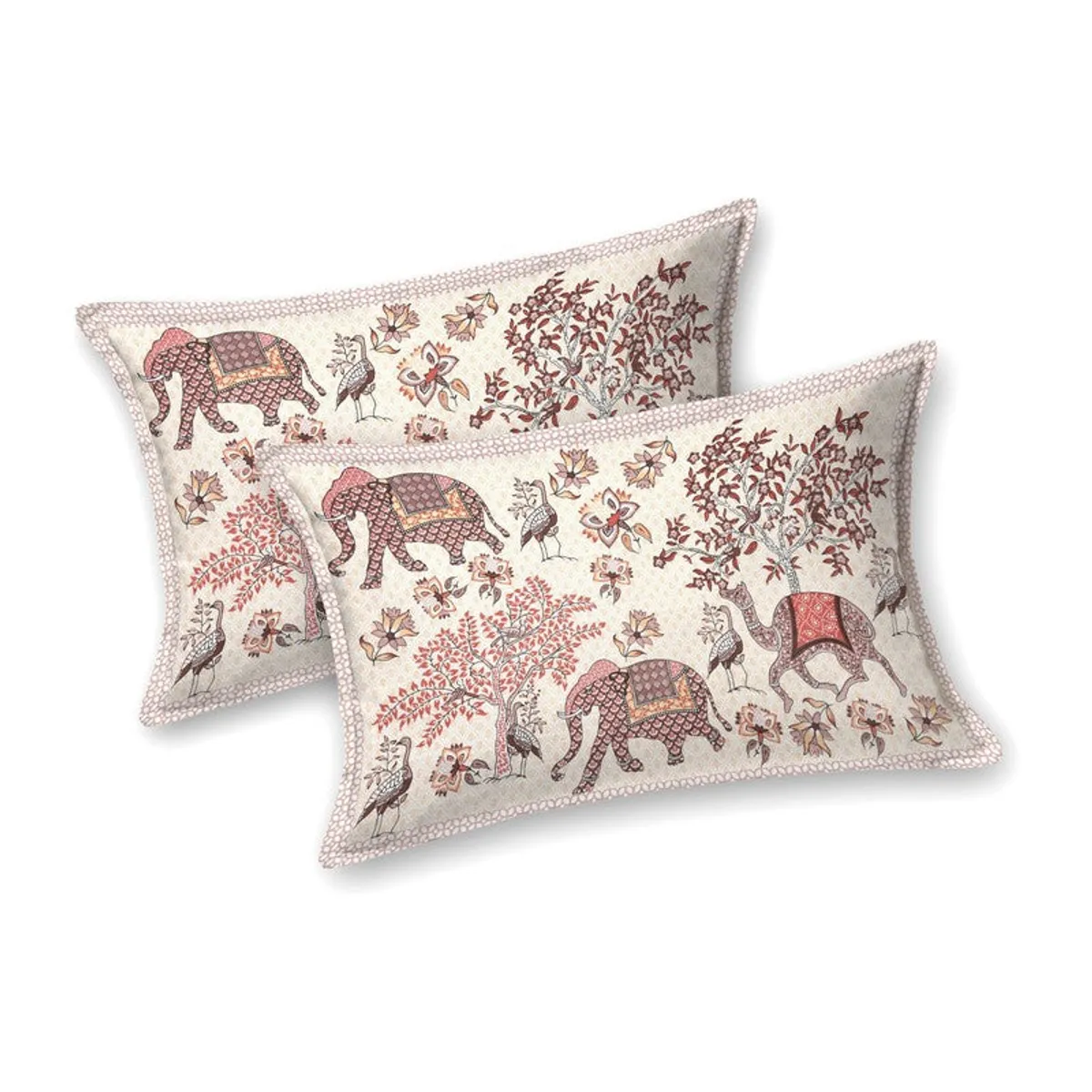 Two matching pillow covers showing the bedsheet's animal and floral print
