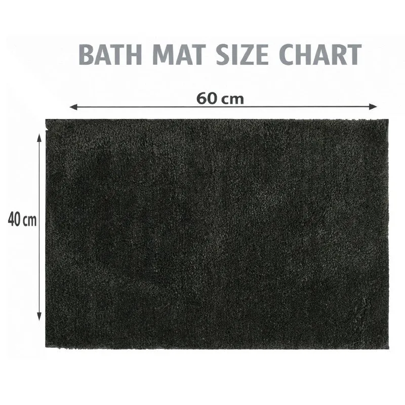 Dark grey rectangular bath mat shown flat in a size chart