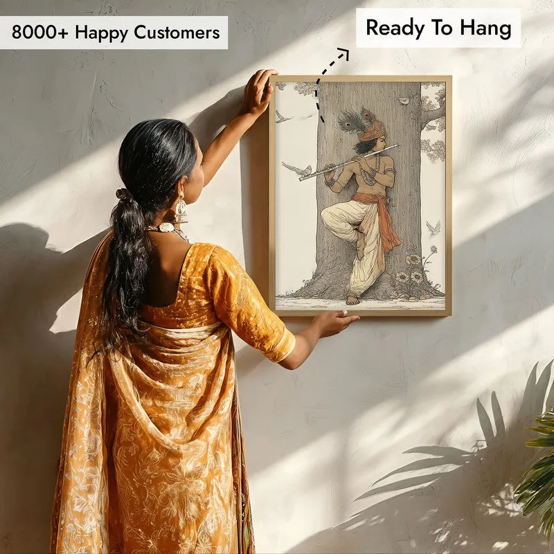 Lord Krishna Playing Fluit Archival Paper Wall Art - Natural Brown Frame media 7