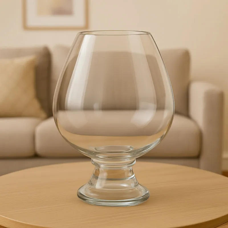 Empty transparent glass urn vase with pedestal base on a table