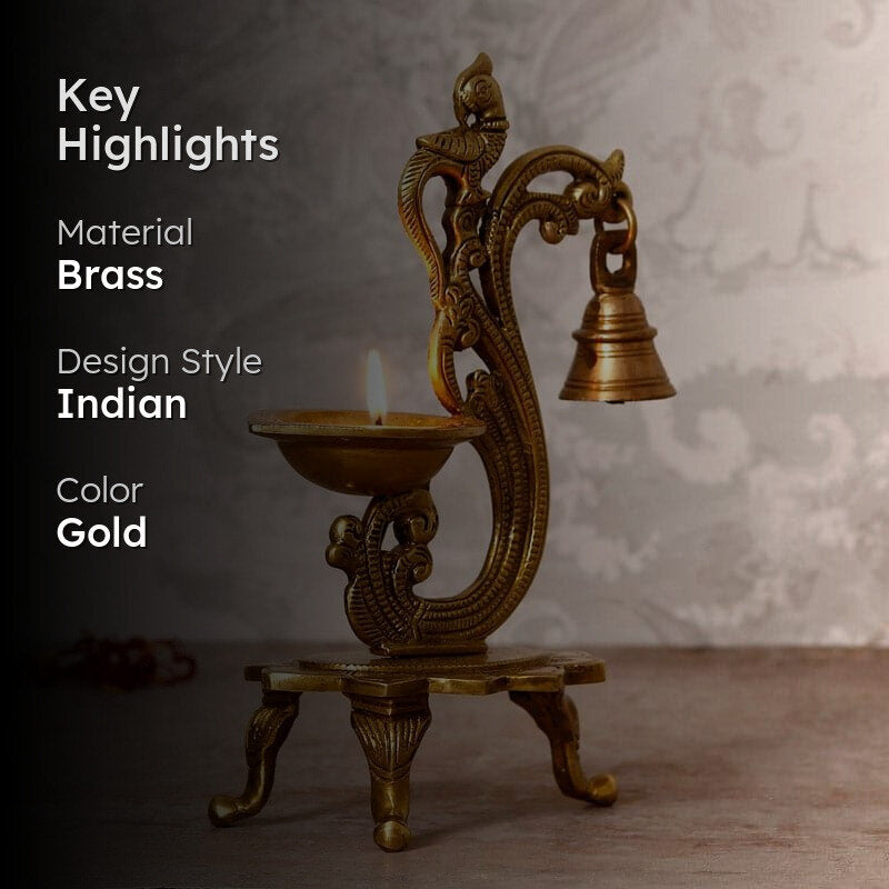 Antique Brass Parrot Diya With Bell - Gold image 2