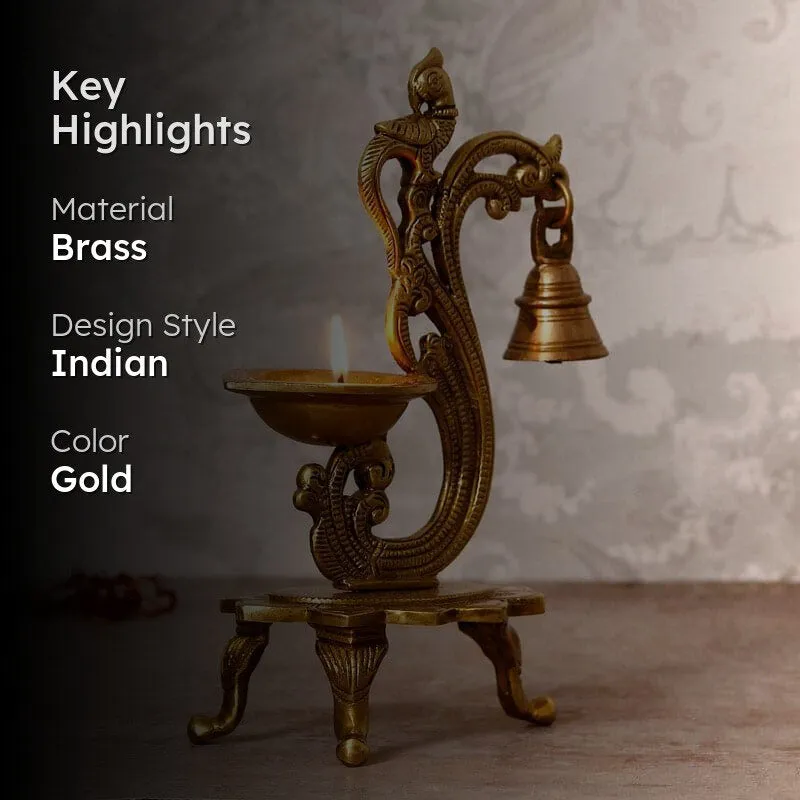 Antique Brass Parrot Diya With Bell - Gold media 2
