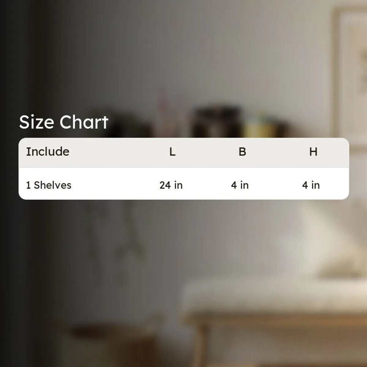 Product sizing graphic for the single brown wooden wall shelf.