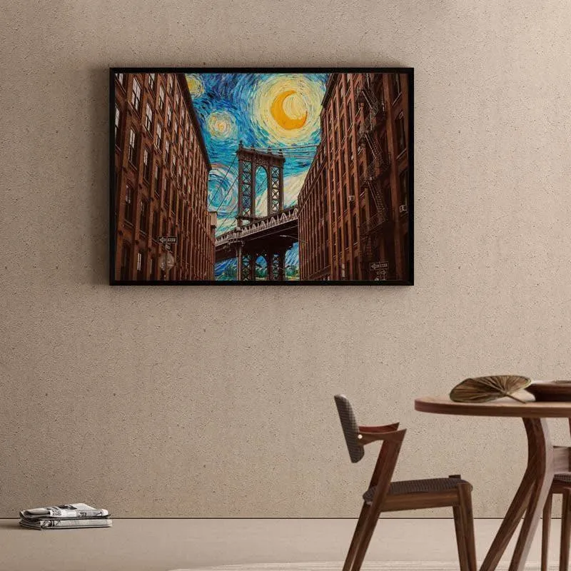 Brooklyn Bridge Starry Night Mixed By Vincent Van Gogh - Black Frame media 1
