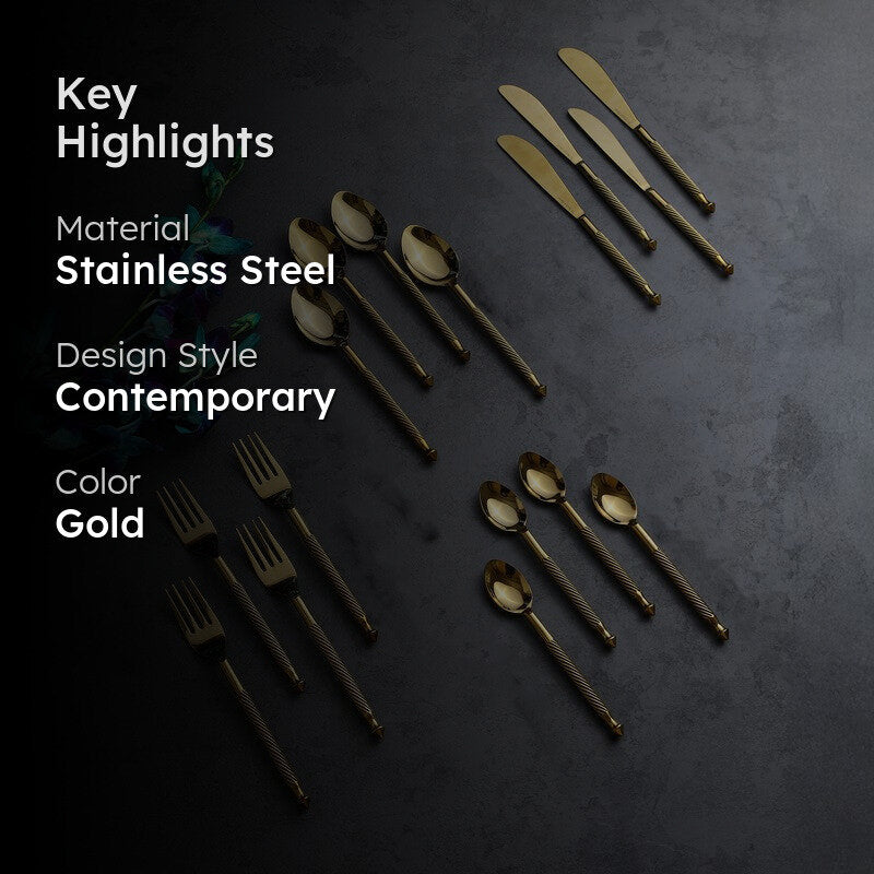Opulen Stainless Steel Cutlery Set (Gold) - Sixteen Piece Set media 2