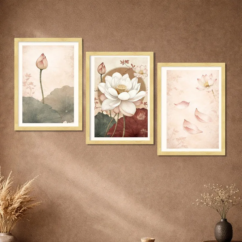 Blooming Lotus Paper Wall Painting With Frame - Set Of Three media 6