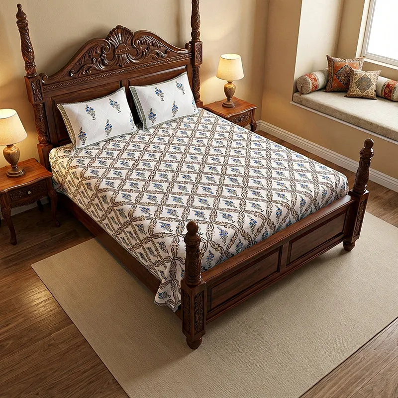 Nawabi Cotton Bedsheet (Taupe, Blue) - 180 TC media 1