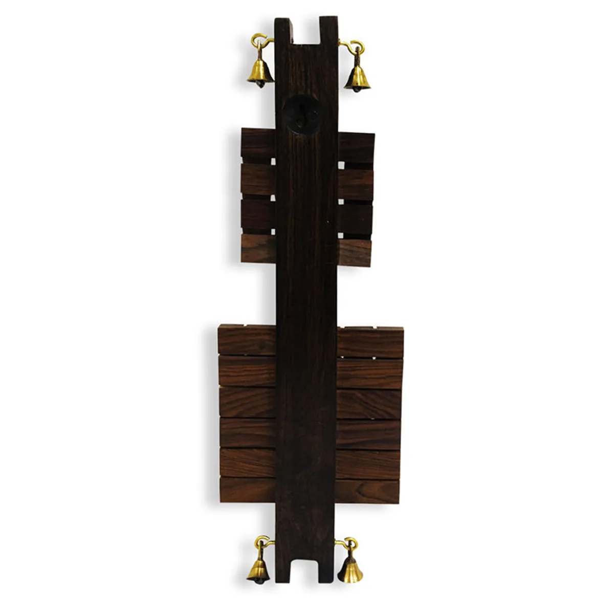 Rear view of the dark brown wooden key holder with brass bells