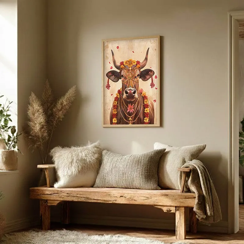 Divine Cow Traditional Canvas Wall Painting With Brown Frame media 7