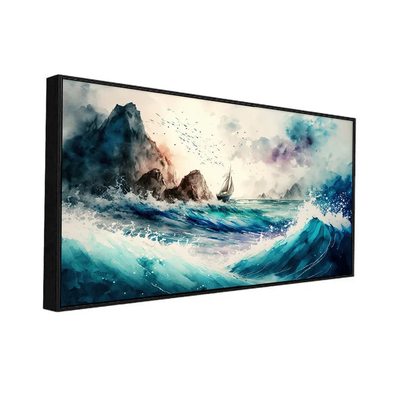 Crashing Blue Waves Landscape Canvas Wall Painting With Frame - Black media 3