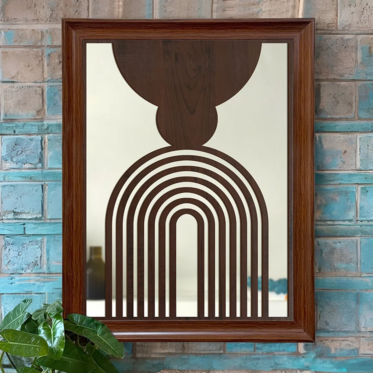 Single brown framed decorative wall mirror with arched geometric pattern