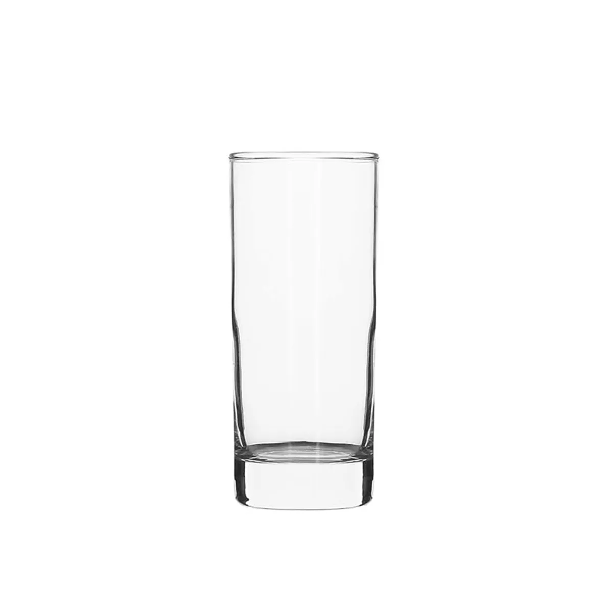Empty clear cylindrical tumbler shown upright on a white background