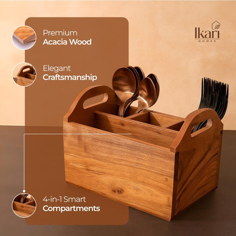 Handled Divider Acacia Wood Cutlery Stand media 4