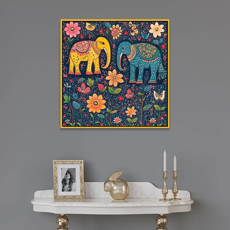 Psychedelic Haathi Canvas Wall Painting With Frame - Gold media 4