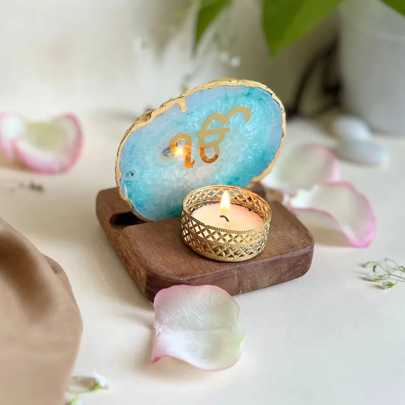 Ik Onkar Handcrafted Agate Religious Accent With Tealight Candle Holder - Green media 3