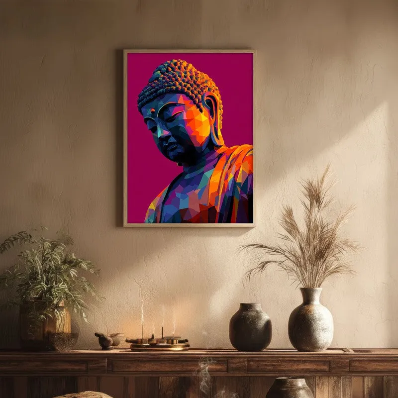 Prismatic Peace Buddha Archival Paper Wall Painting With Brown Frame media 1