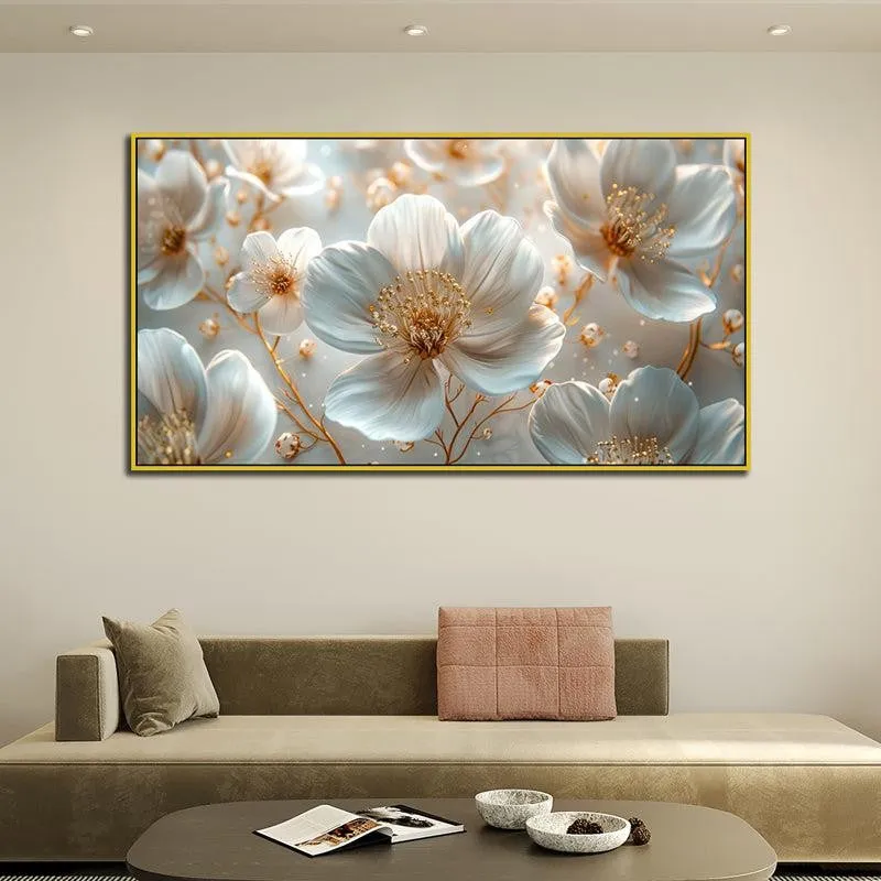 Celestial Ivory Petals Floral Canvas Wall Painting With Frame - Gold media 1