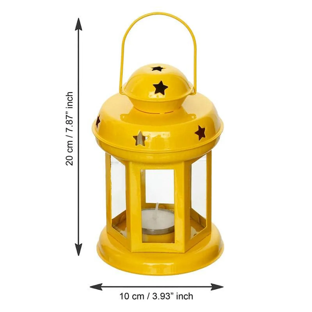 Yellow lantern-style tealight candle holder with star cut-outs