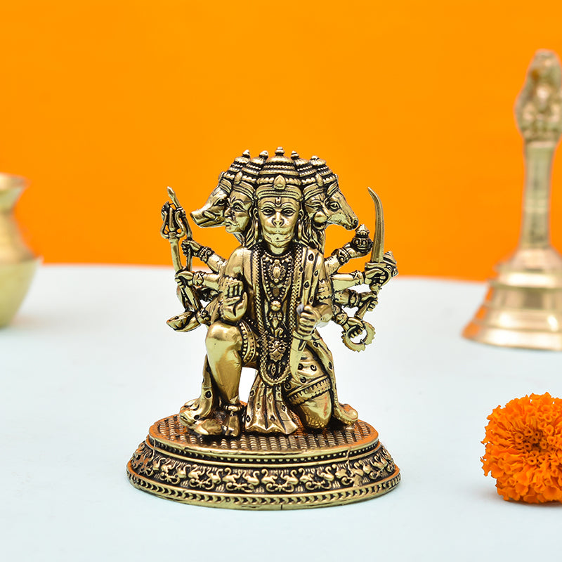 Divine Panchmukhi Hanuman Brass Idol - Gold image 6