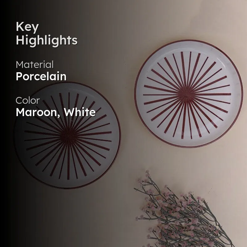 Two maroon and white patterned plates with highlight text overlay