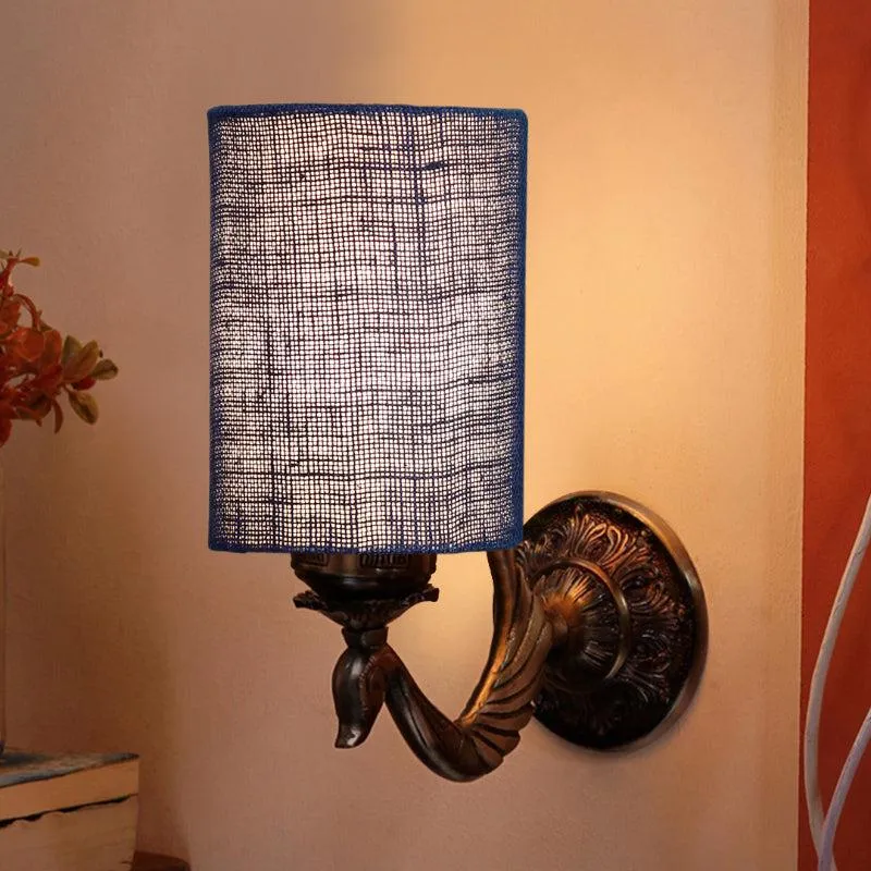 Amro Retro Cylindrical Fabric & Metal Wall Lamp - Blue media 1