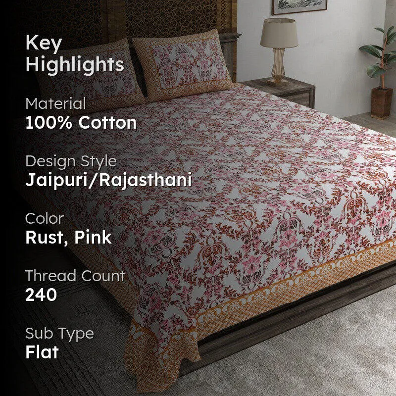Grida Cotton Bedsheet (Rust,Pink) - 240 TC media 2