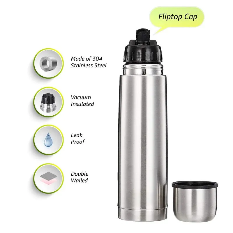 Silver insulated bottle with black flip-top cap and cup lid