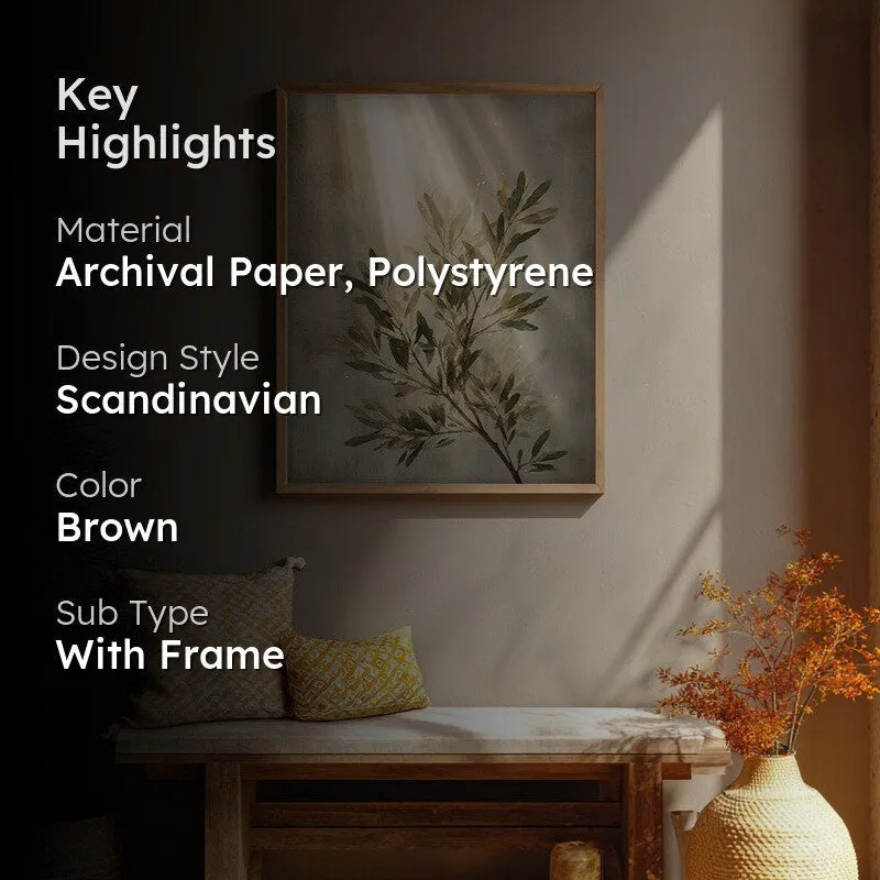 Soft Olive Grace Archival Paper Wall Painting With Brown Frame media 2