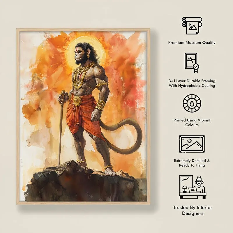 Anjaneya's Leap Spiritual Archival Paper Wall Painting - Natural Brown Frame media 8