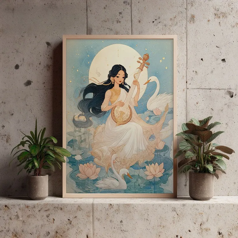 Goddess Saraswati Playing Bina Blissful Archival Paper Wall Art - Natural Brown Frame media 3