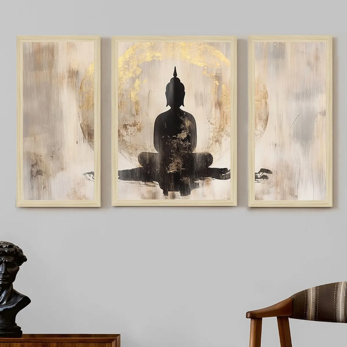 Front view of three framed Buddha wall art panels on a light grey wall.
