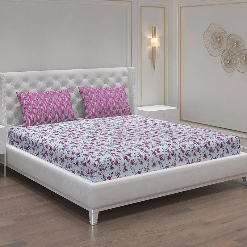 Monte Carlo Fleurish Cotton Bedsheet (White,Pink) - 104 TC media 1