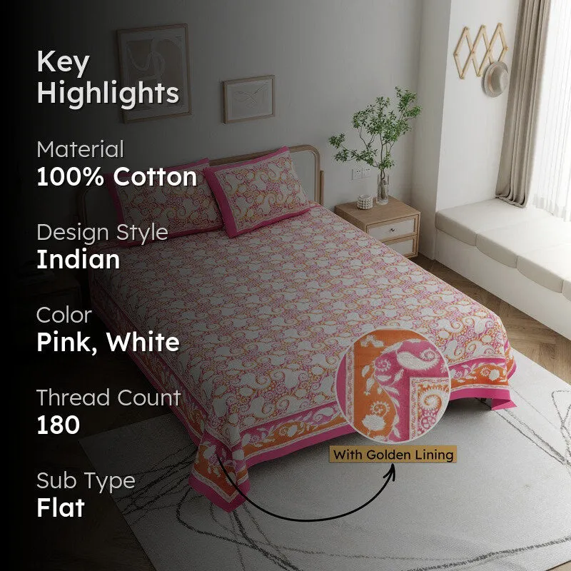 Mango Muse Cotton Bedsheet (White,Pink) - 180 GSM media 2