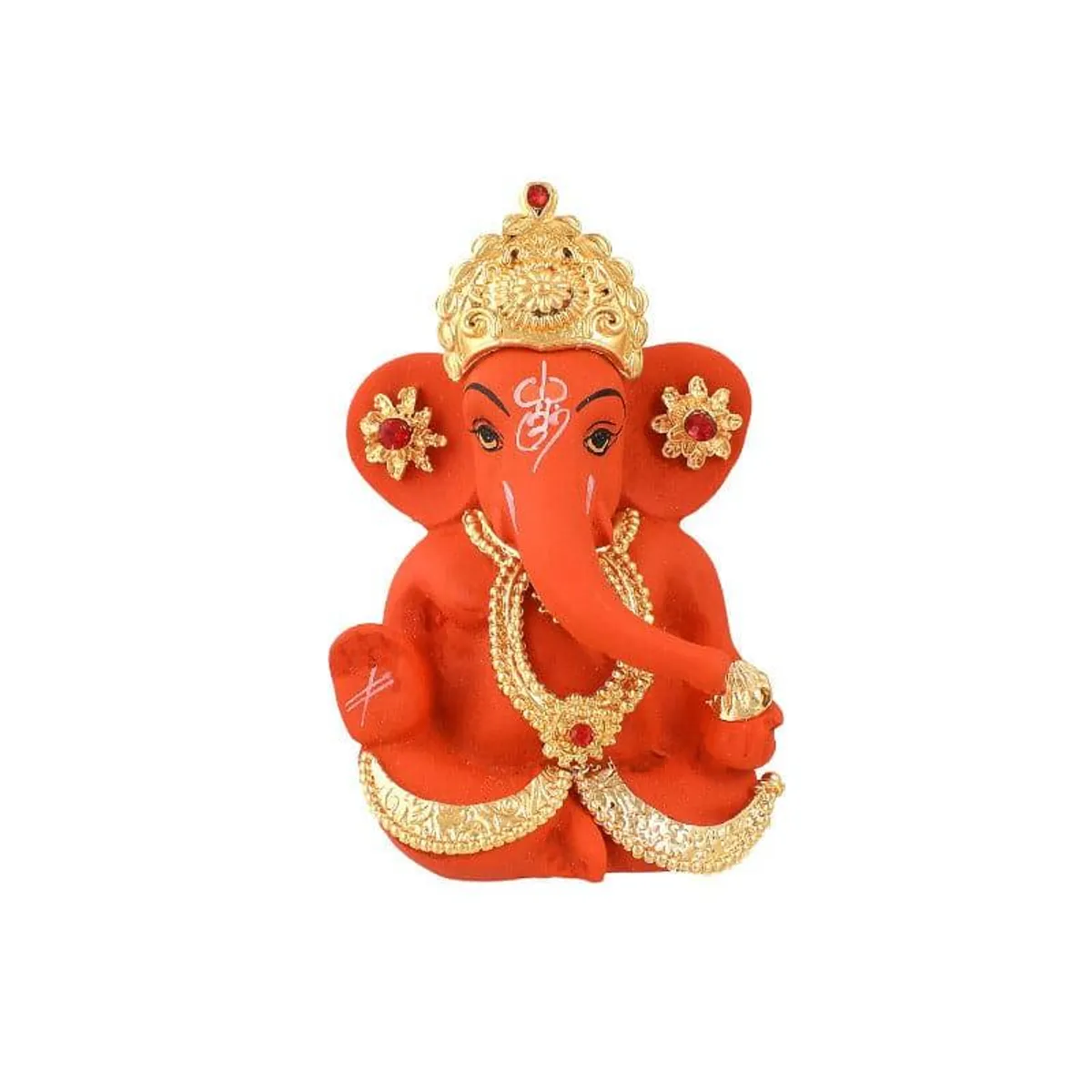 Front view of red Ganapati idol with gold detailing