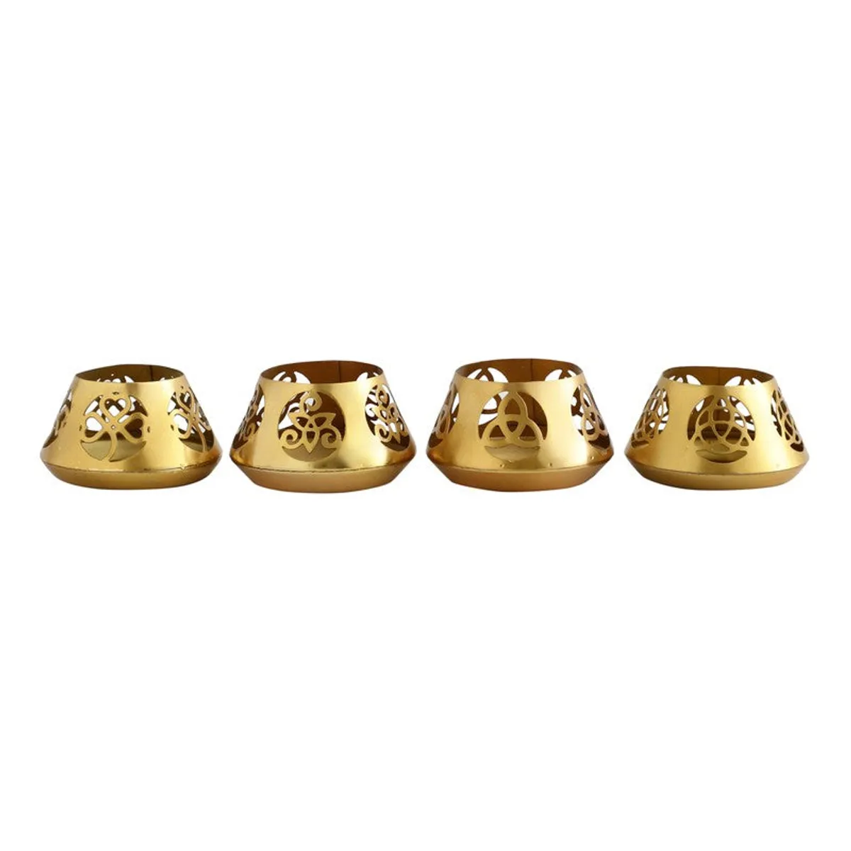 Four polished gold tea light holders arranged in a row against a white background