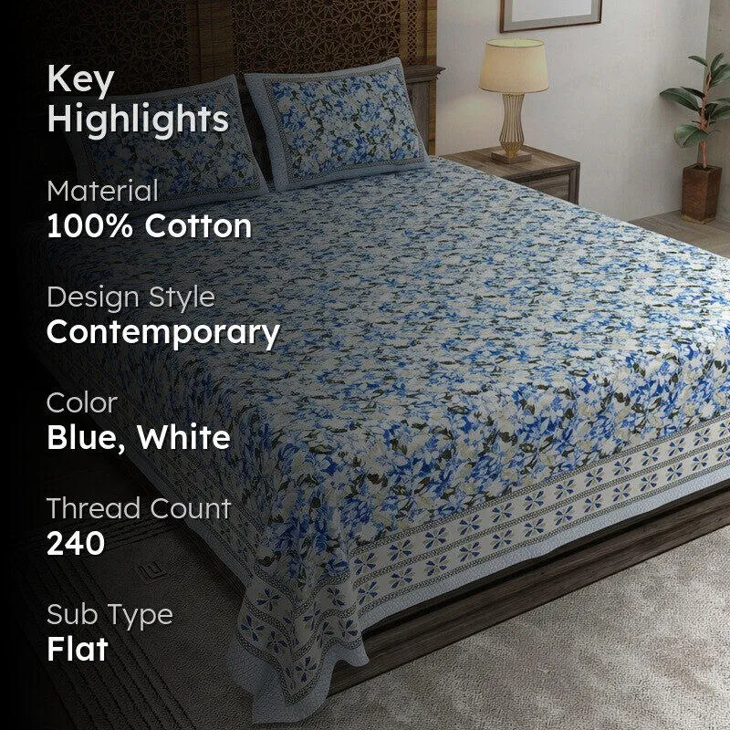 Rangix Cotton Bedsheet (Blue,White) - 240 TC media 2