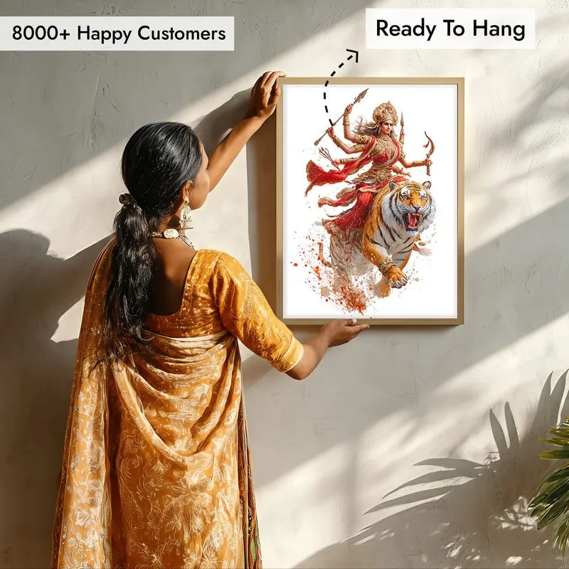 Maa Durga With Tiger Archival Paper Wall Art - Natural Brown Frame media 7