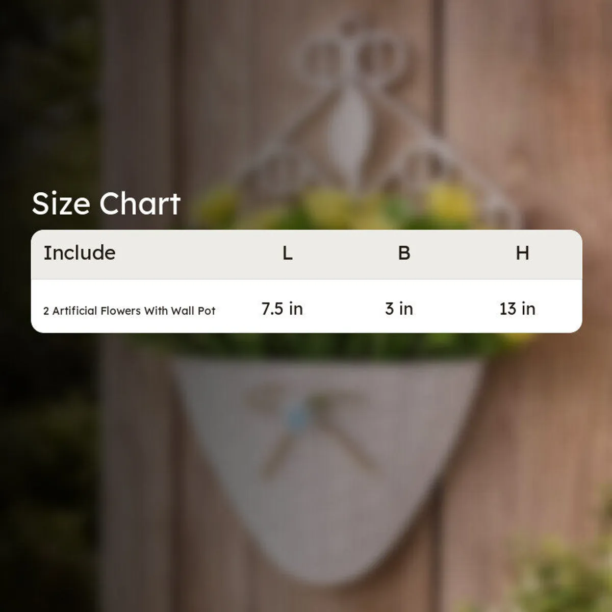 Artificial flower wall pot shown with a size chart