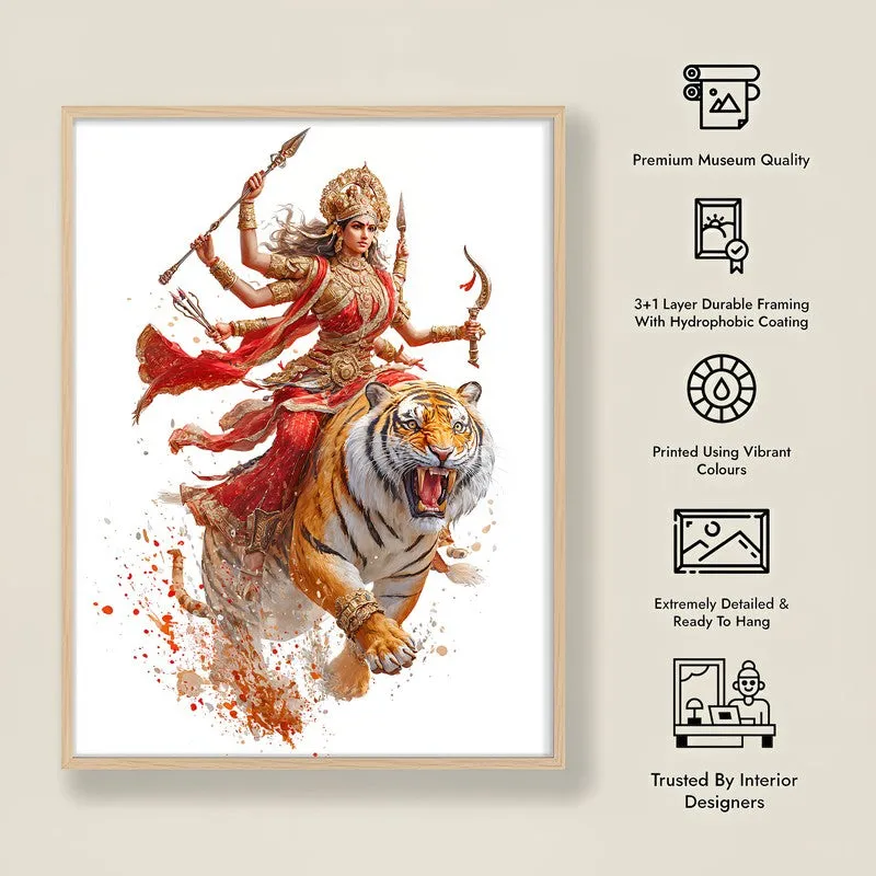 Maa Durga With Tiger Archival Paper Wall Art - Natural Brown Frame media 8